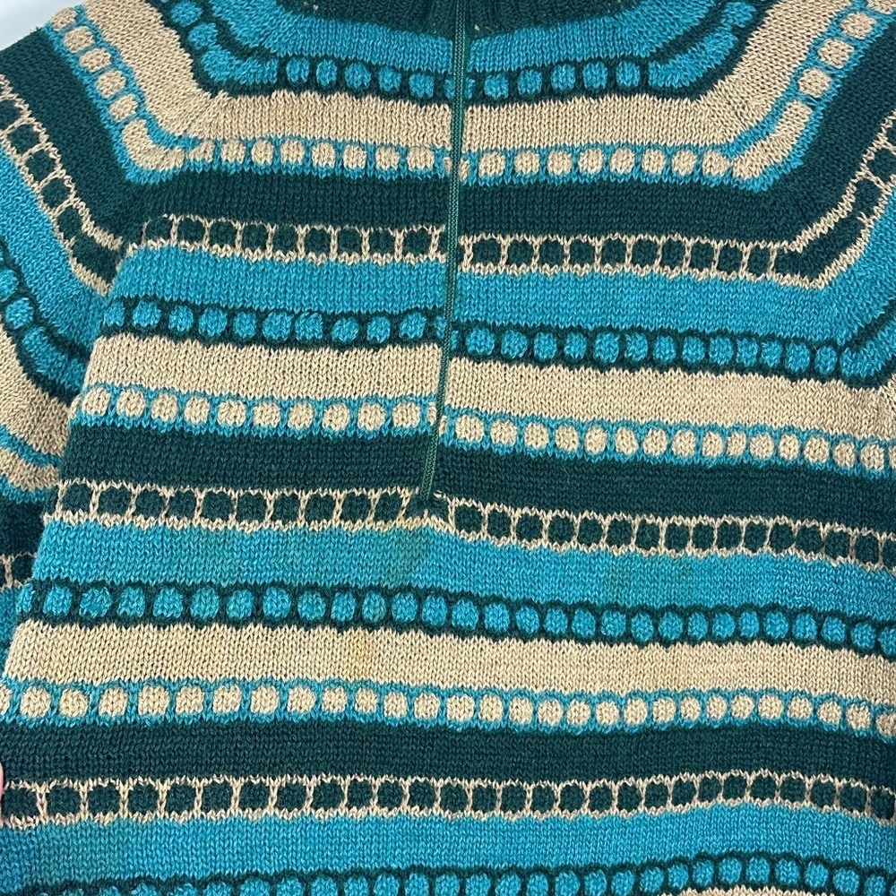 Vintage Wool Blend 3D Knit Sweater Pullover Green Teal Brown Stripe Large Zipper - Picture 9 of 11